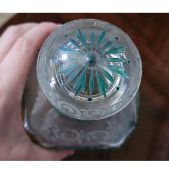 RARE ANTIQUE GREEN ACID ETCHED FLOWER BOTTLE LIQUOR WHISKEY DECANTER STOPPER JAR